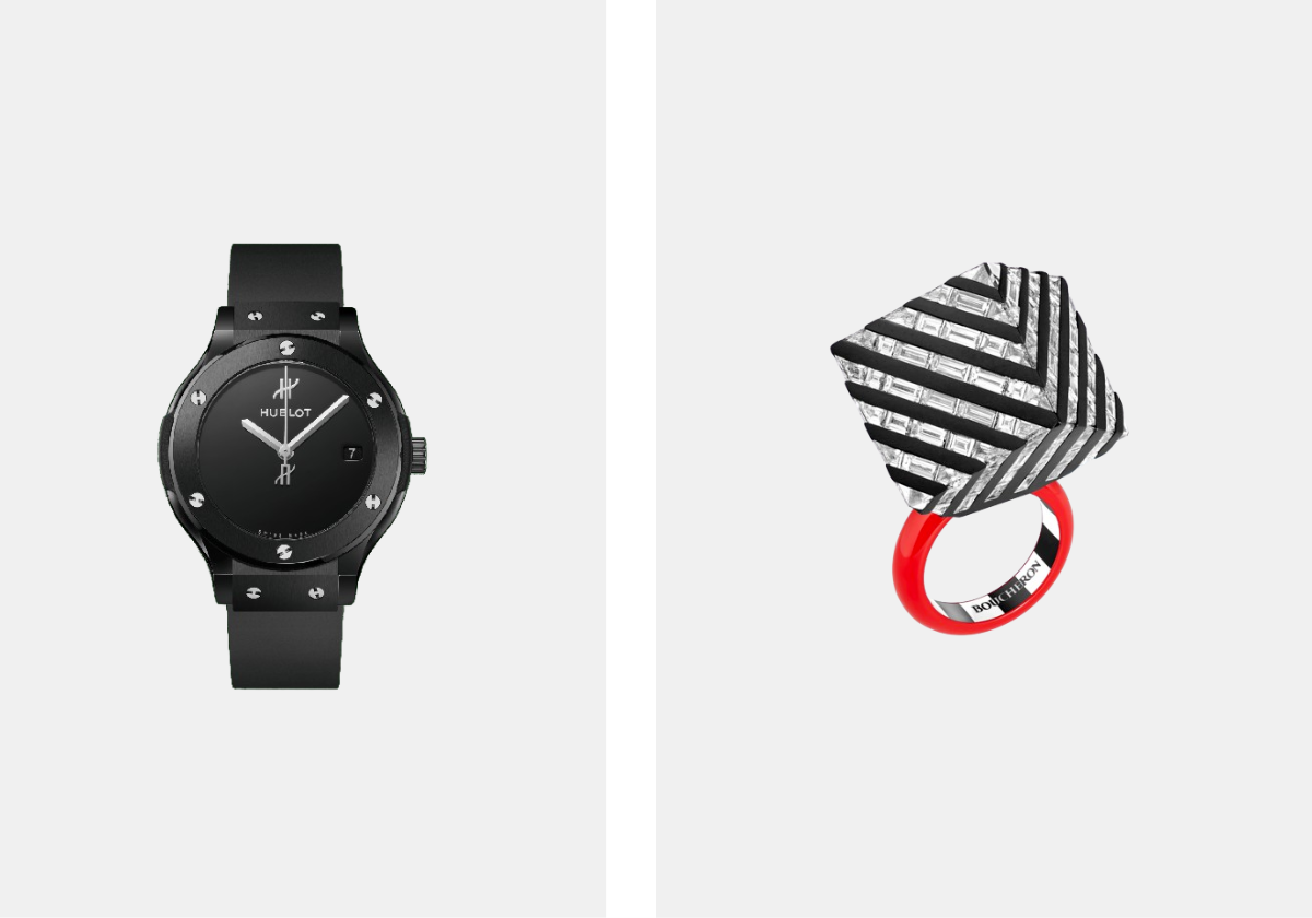 Relógio Classic Fusion 33mm com caixa em cerâmica, pulseira em cerâmica e titânio e movimento quartzo, € 7.600, Hublot; Anel da coleção Carte Blanche em diamantes, resina e titânio, preço sob consulta, Boucheron.