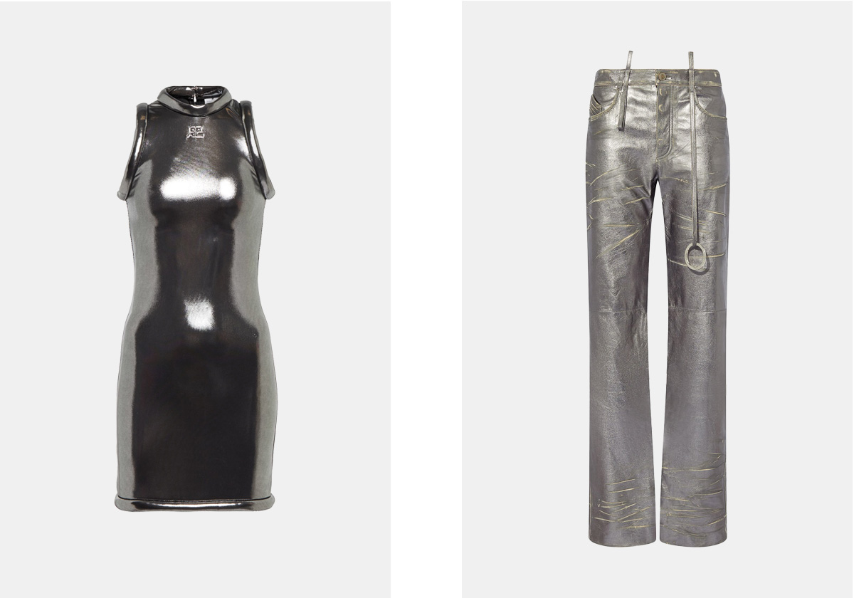 Vestido em poliéster, € 890, Courrèges em mytheresa.com; calças em pele, € 1.950, The Attico.