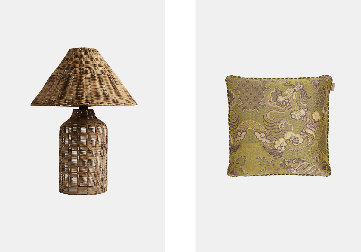 Candeeiro Ratã, € 99,99, Zara Home; almofada Embroidered, € 220, Etro em Mytheresa.com.