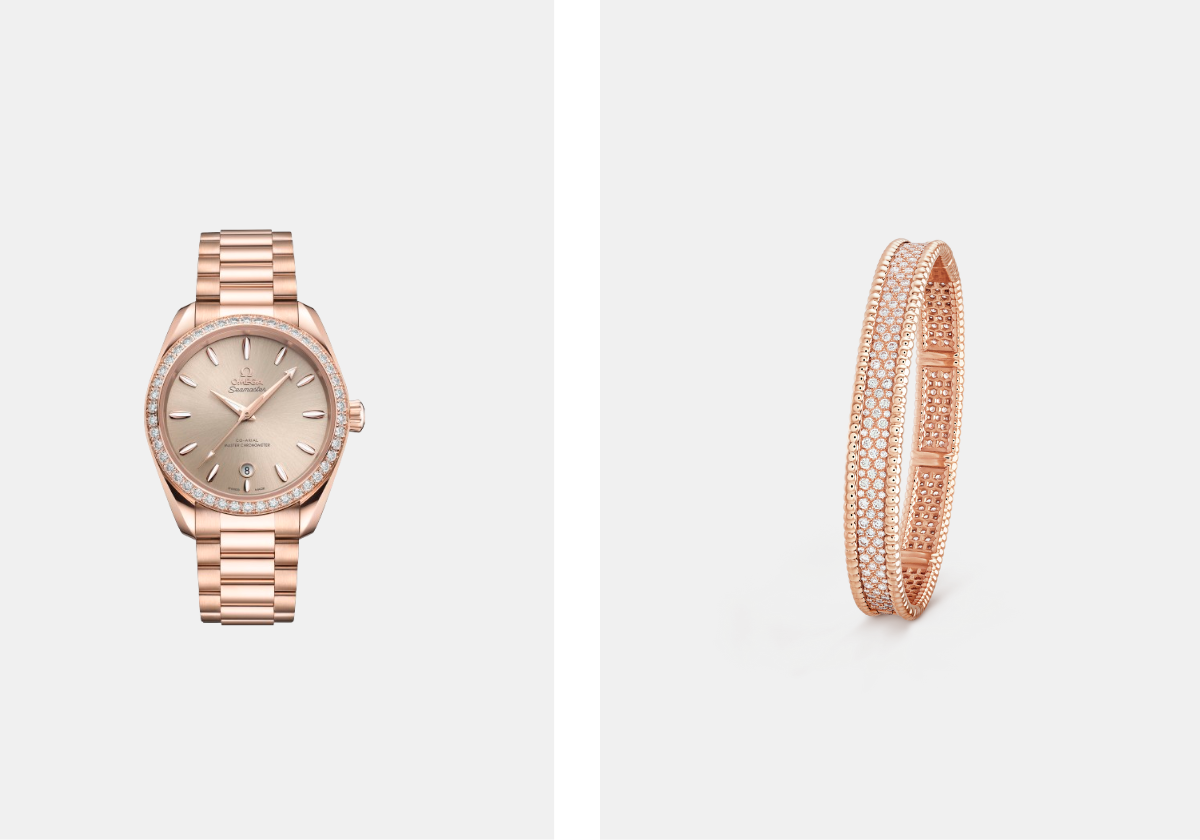 Relógio Seamaster Aqua Terra Shades 38mm em ouro Sedna e diamantes com movimento automático, € 45.000, Omega; ulseira Perlée em ouro rosa e diamantes, € 48.400, Van Cleef & Arpels.