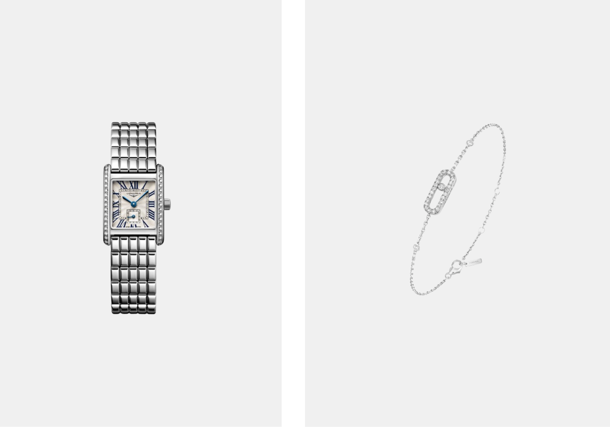 Relógio Mini DolceVita 21.5x29mm em aço inoxidável e diamantes e movimento quartzo, € 4.400, Longines; Pulseira Move Uno Pavé em ouro branco e diamantes, € 2.050, Messika.