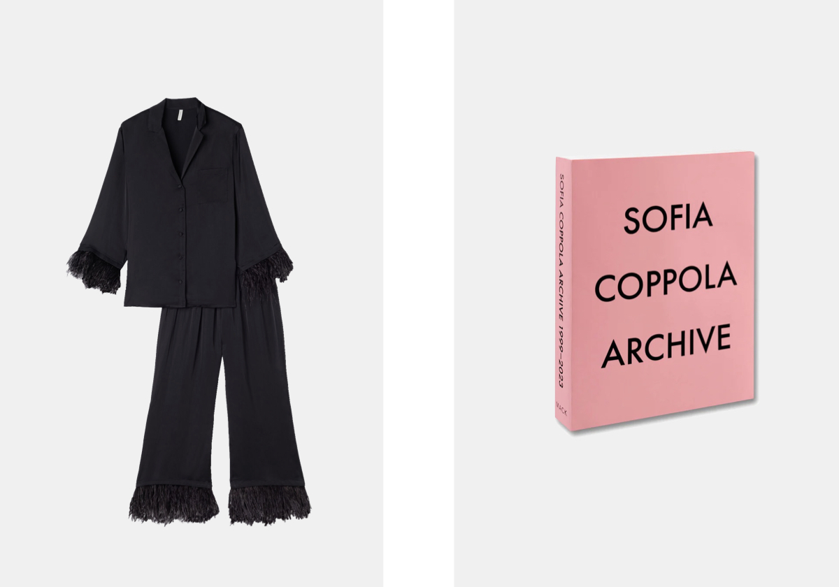 Conjunto de pijama comprido em cetim de viscose com penas, € 169,90, Intimissimi; livro ‘Archive’ de Sofia Coppola, € 87,27, Macks Books.