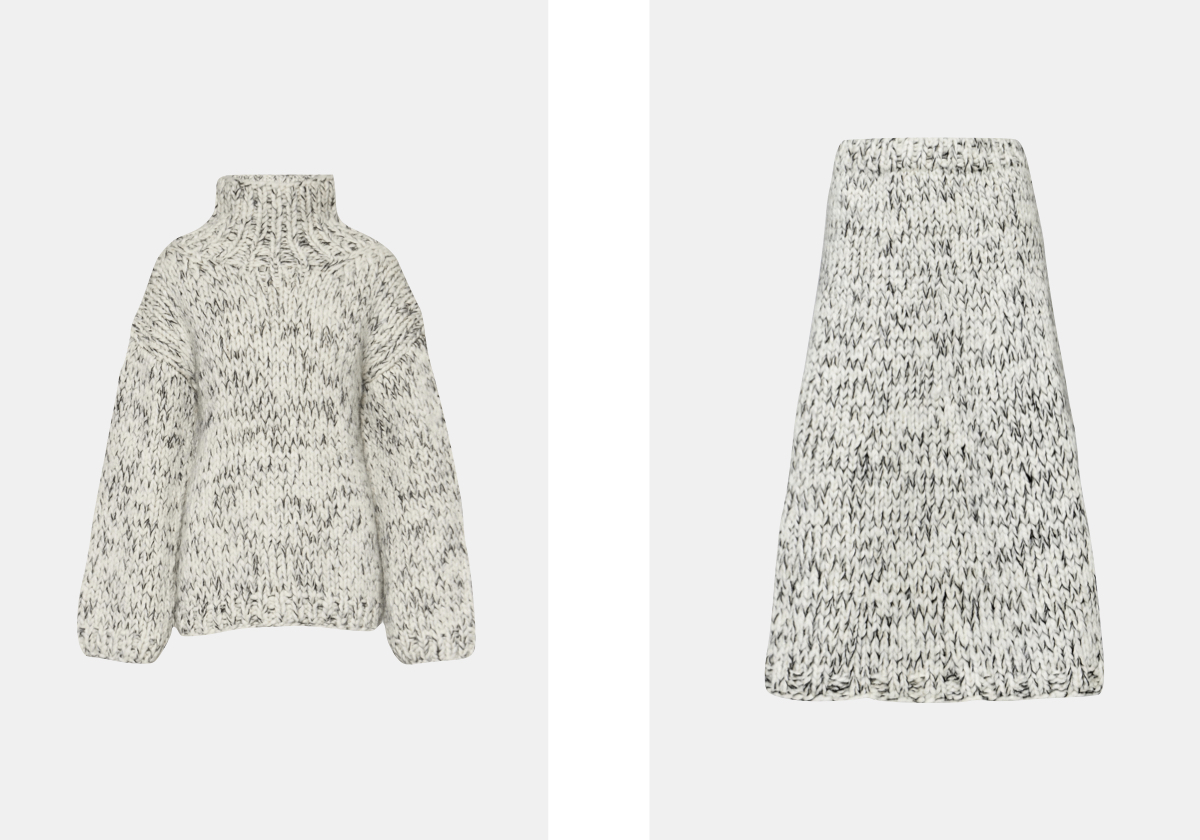 Camisola Oversize em lã, € 945, Joseph em Mytheresa.com; saia midi em lã, €7,95, Joseph em Mytheresa.com.