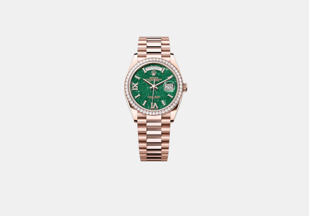 Relógio Oyster Perpetual Day-Date 36 com caixa em ouro Everose e diamantes, pulseira em ouro Everose e movimento mecânico, preço sob consulta, Rolex.