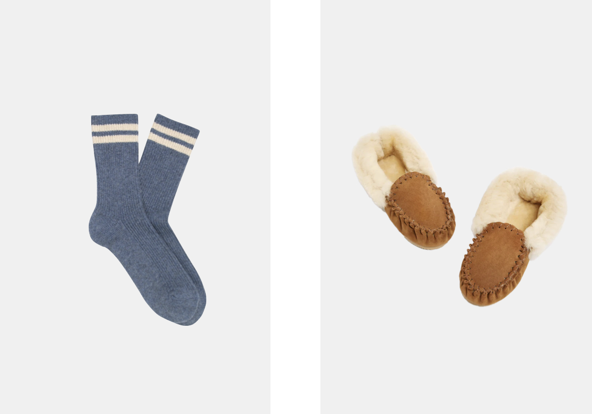 Meias caneladas Fantasia com caxemira, € 8,80, Pedemeia; chinelos Australian Moccasin, €132,58, UGG.