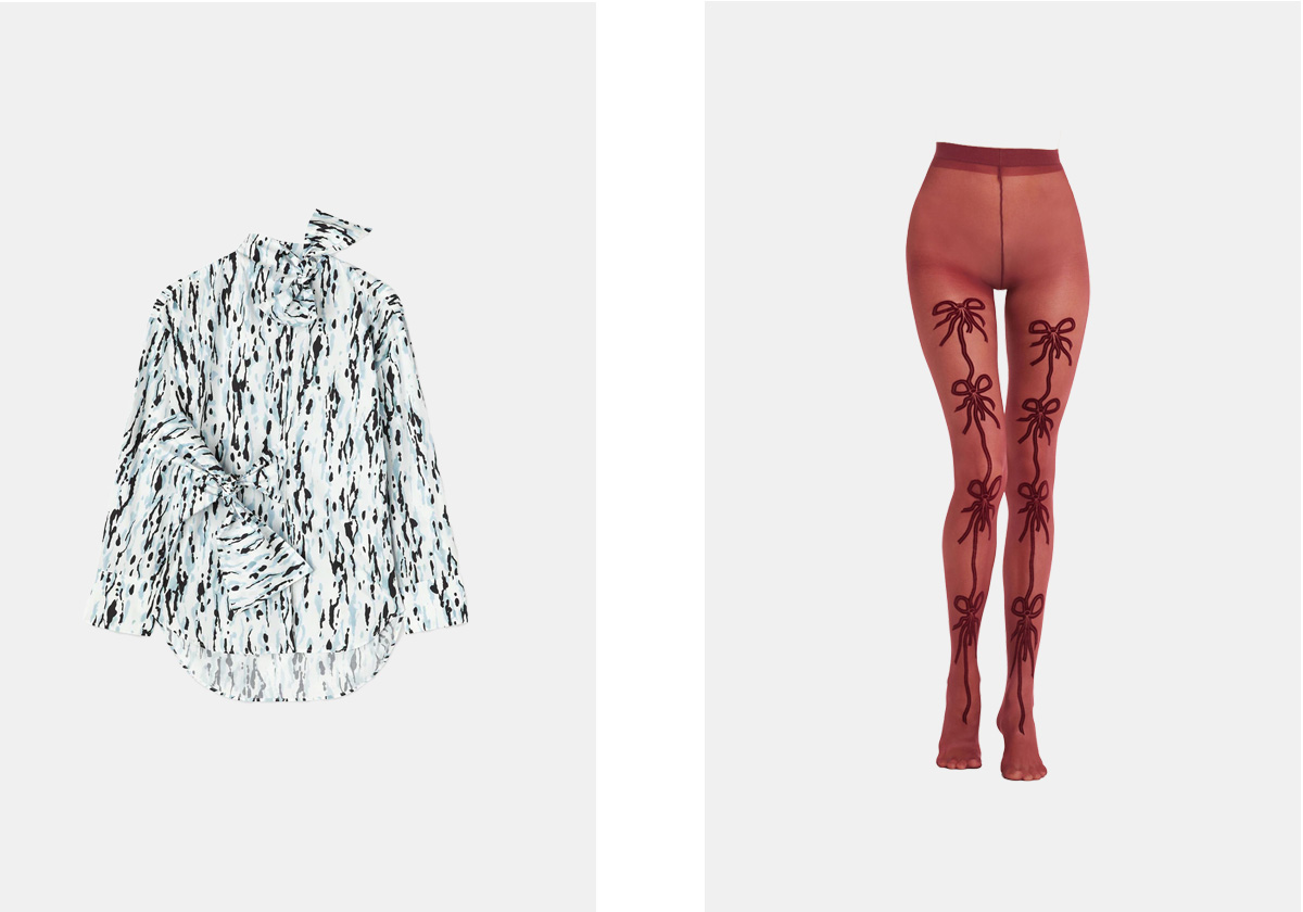 Blusa Wild Illusion, € 550, MSGM; collants 30Den, € 9,99, Tezenis.